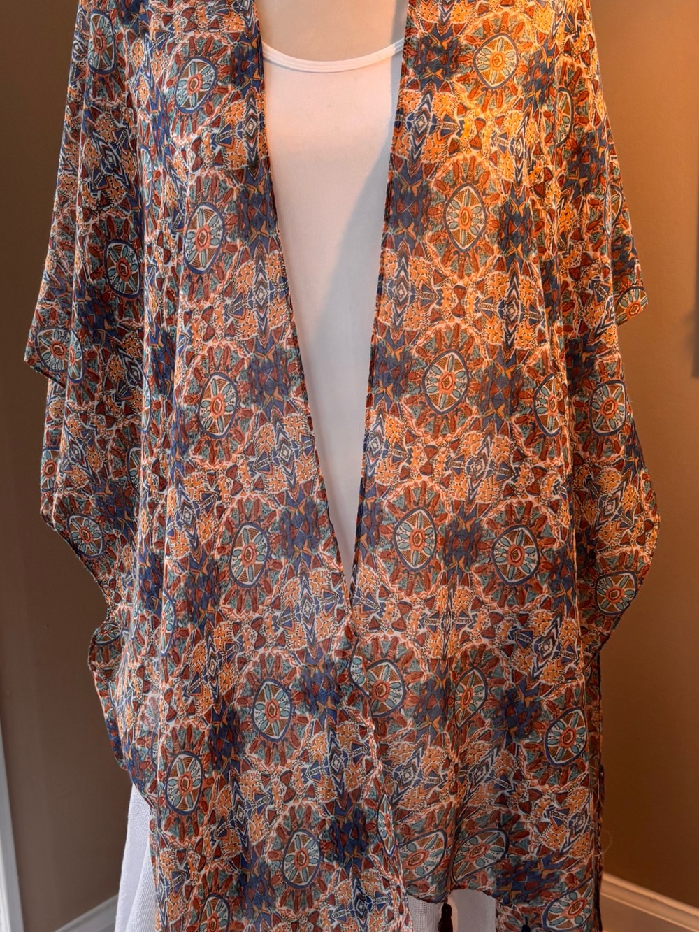 Moss Rose Boho Medallion Open-Front Coverup O/S Blue Brown w Tassels